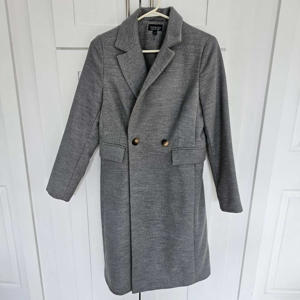 Topshop Grey Double Breasted Nancy Coat w/ Removable Faux Fur Collar 6 Like New - Picture 2 of 16